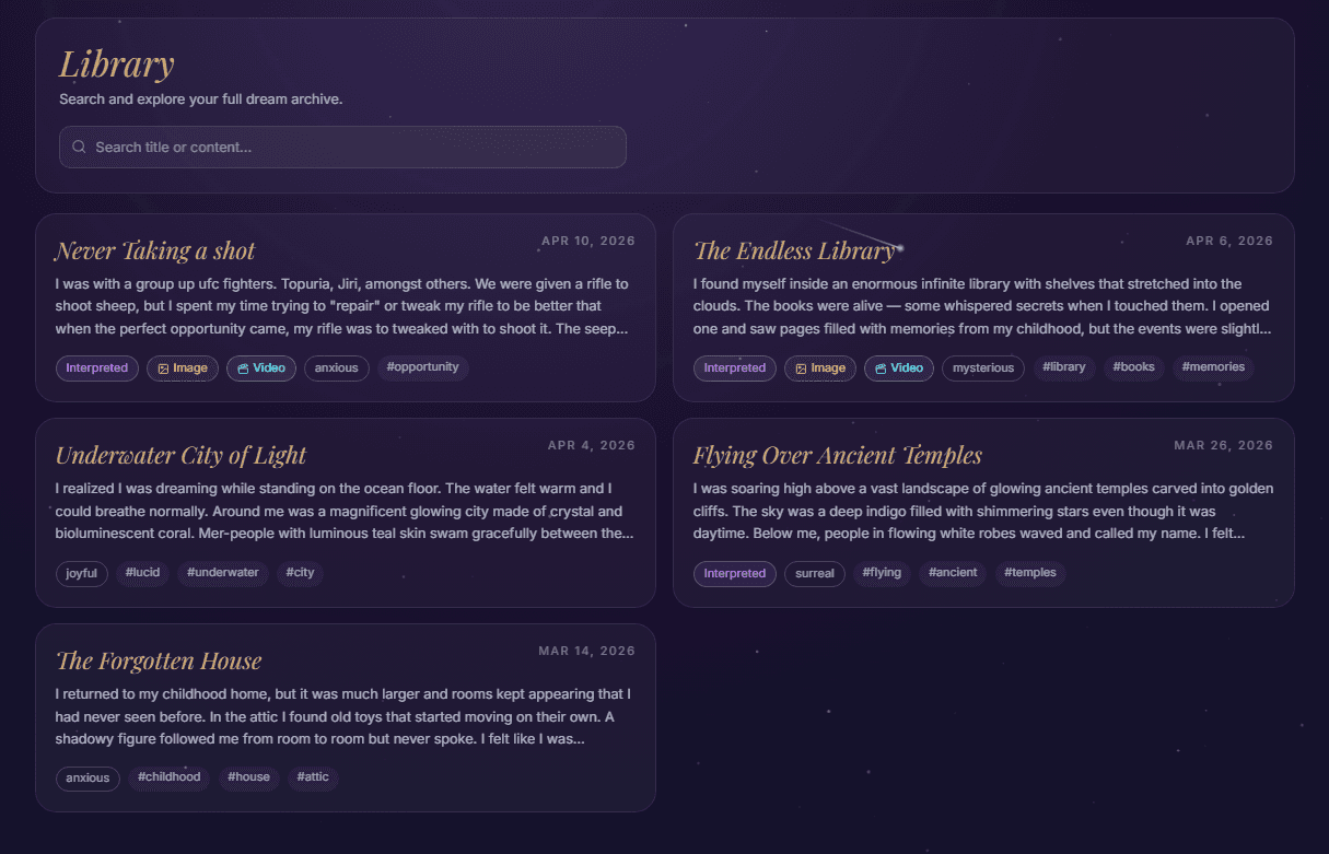 Dream library showing stored dreams and data