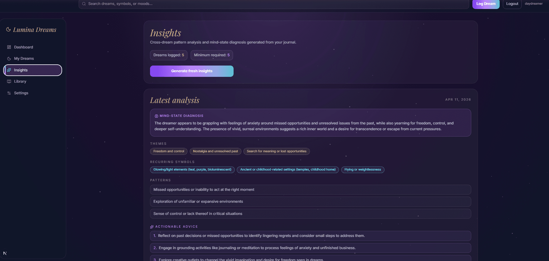 Insights dashboard with dream patterns